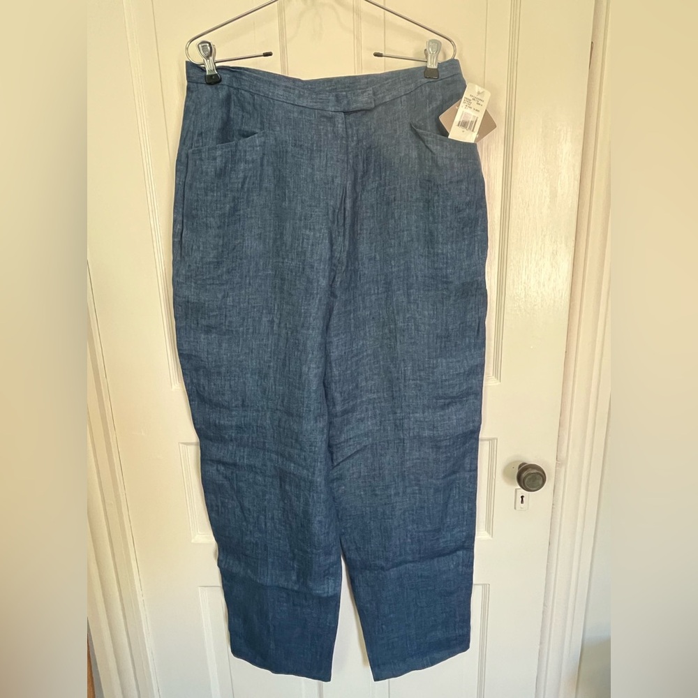 Jones New York Sz 14 100% Linen Ankle Pants Denim Chambray Blue